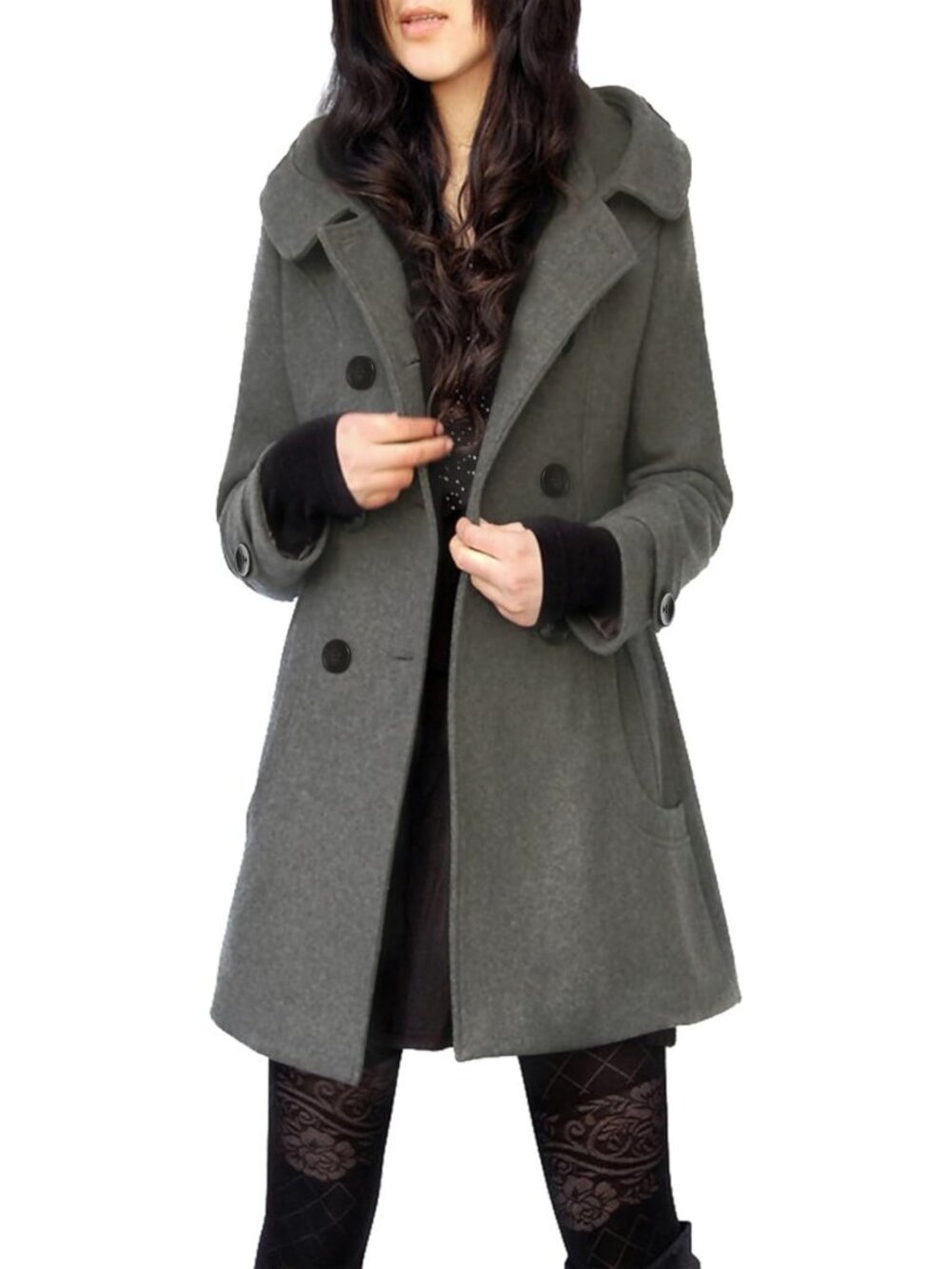 Wool Blend Hooded Pea Coat Grey Mid Long Double Breasted Winter